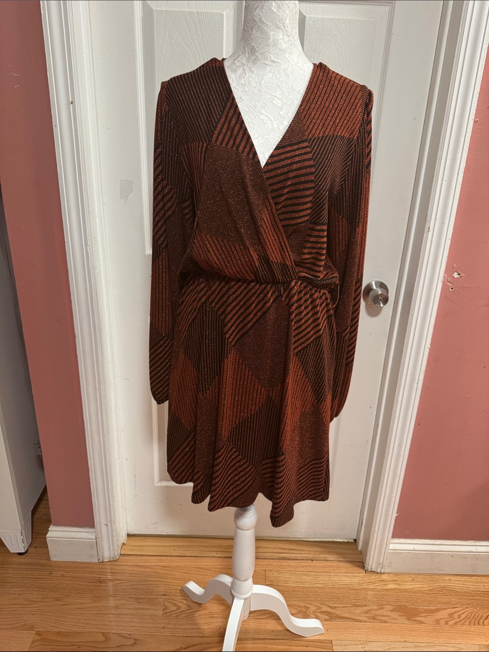 Karen Millen Rust Chevron Long-Sleeve Wrap Dress